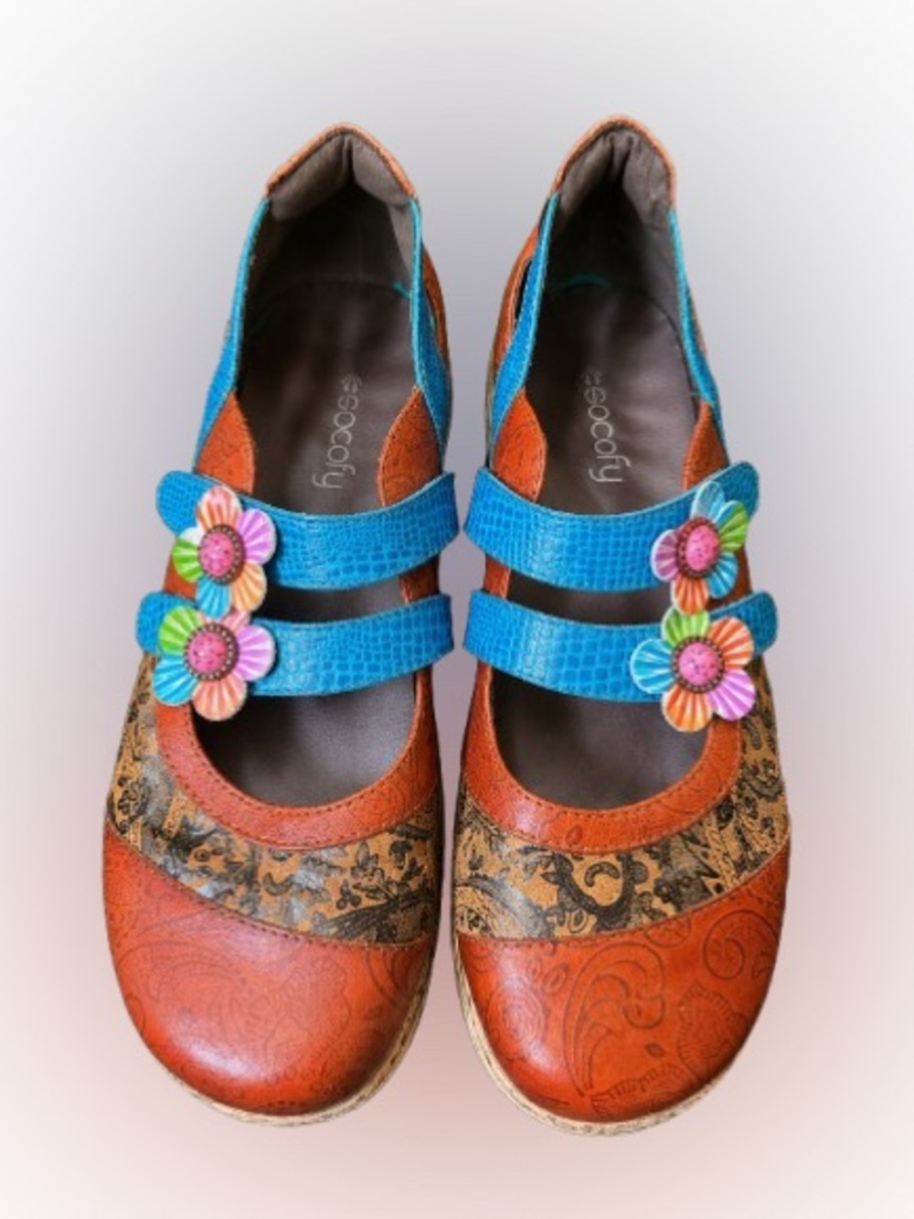 Socofy Floral Mary Jane Shoes Womens EU 42 10.5 11 Orange Blue Leather Comfort